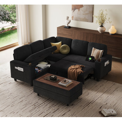 Sherry Corduroy Sleeper Sectional With Storage Chaise,Ottoman And USB Charging
