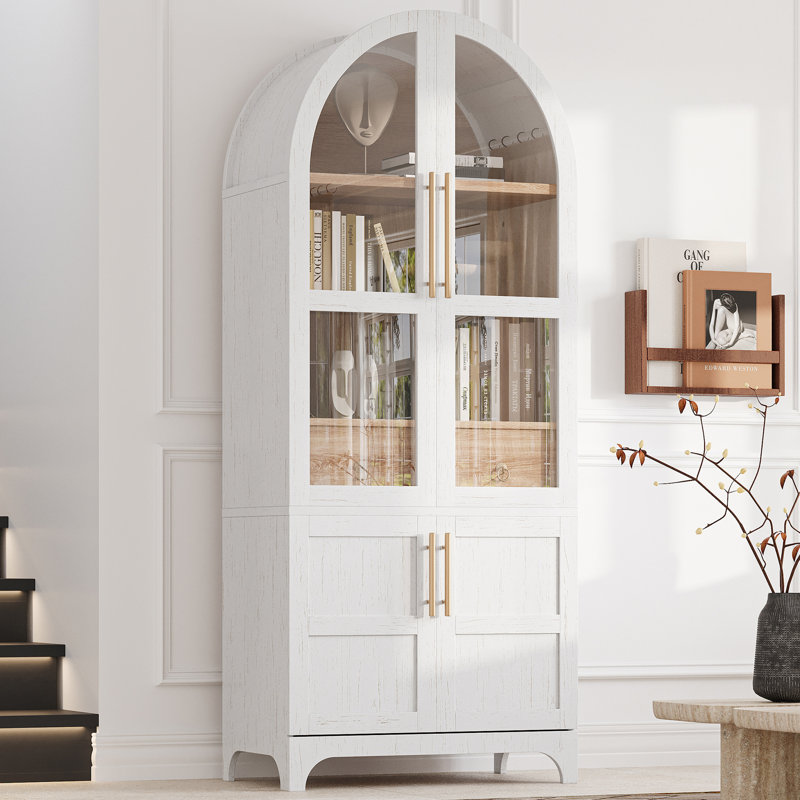 71" Tall Arched Display Cabinet With Glass Doors, White
