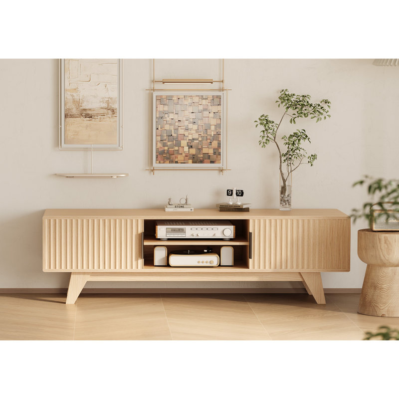 Stylish TV Stand For Tvs With 2 Cabinets & Shelves, 16.9”H x 15.7”L x 70”W, Oak Wood