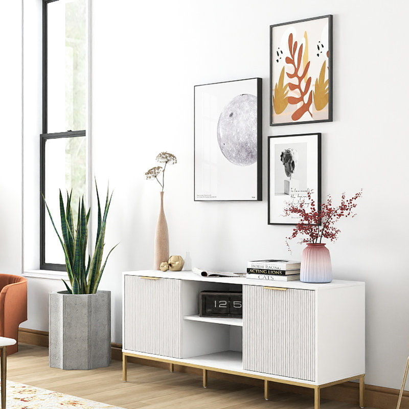 60 - 69 Inches Modern Tv Stand With Wave Pattern Doors, Open Middle Shelf For And Decor, Adjustable Storage, White Gold Accented Cabinet Living Room Inches, Dual Gaming Consoles, Movable Shelf,