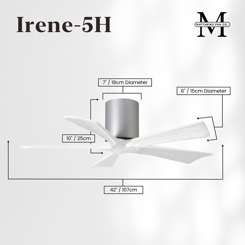 60" Irene 5-Blade Hugger Ceiling Fan with Wall Remote, Brushed Nickel, 42", Matte White