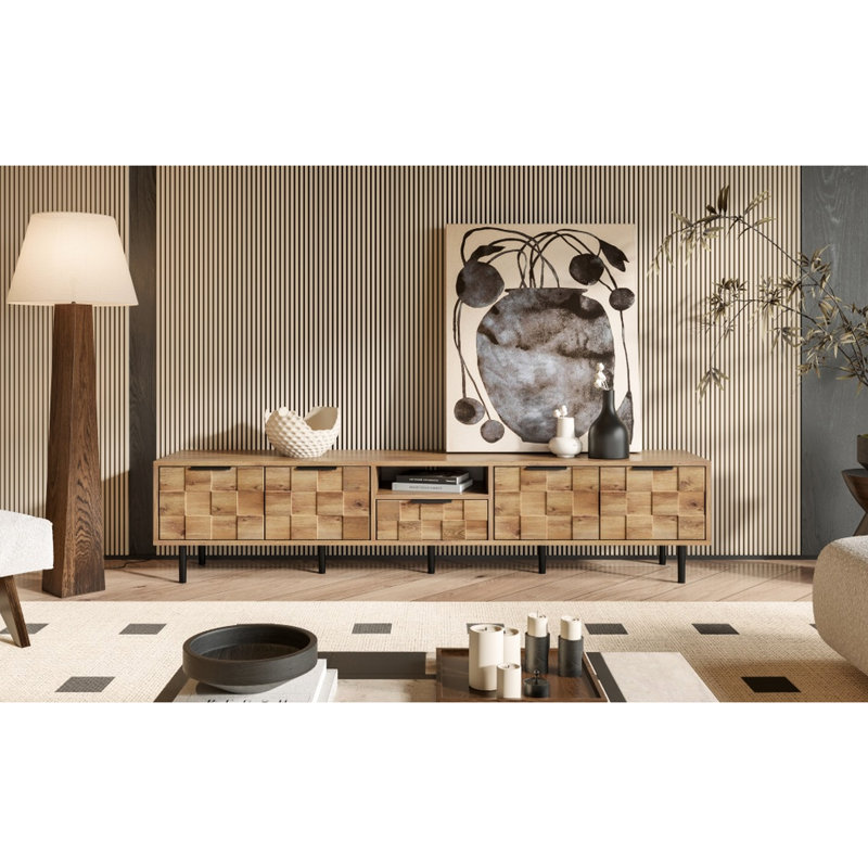 Meuble télé pour téléviseur de 85 po ou moins, meubles de conception classique avec assemblage, rangement dans le salon, grande console à carreaux, salle d'options et panneau de particules