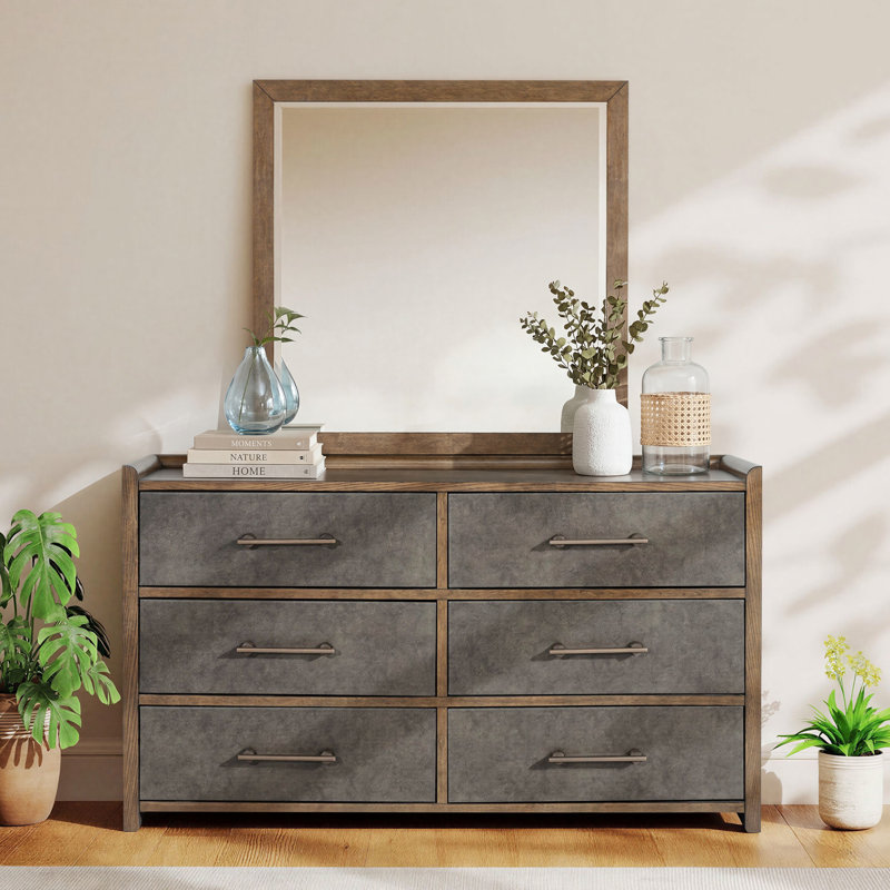 Commode à 6 tiroirs de 62 po avec façade de tiroir en similicuir, poignée large et miroir, sans assemblage requis