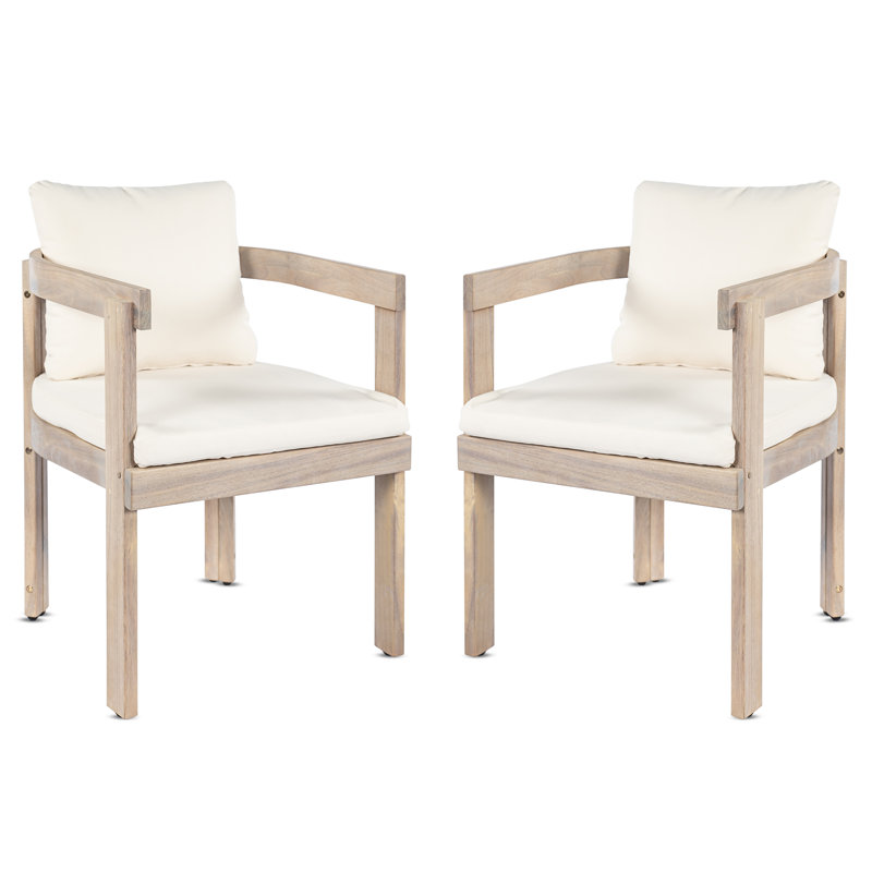 Ensemble de 2 chaises de salle à manger en bois d'acacia, fauteuils avec coussins crème, fauteuil d'appoint en tonneau, ensemble de chaises d'appoint de cuisine confortables pour balcon, cour, jardin