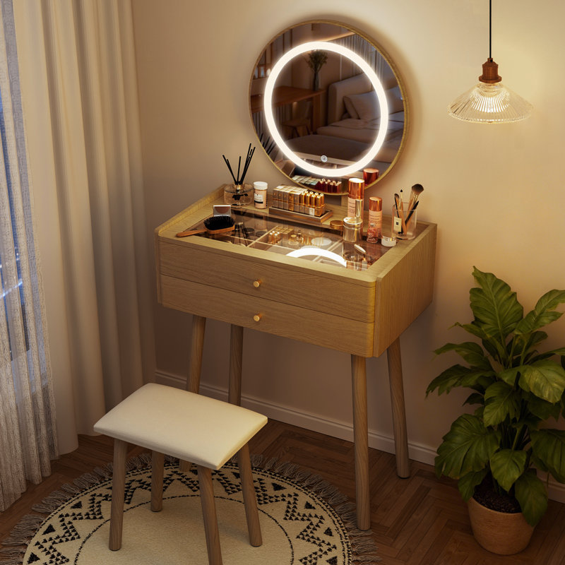 Small Vanity Desk With 3 Modes Lighted Mirror & Stool, Compact Vanity With 6-grid Organizer