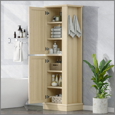 Grande armoire de rangement pour salle de bain, armoire de rangement autoportante avec crochet et tablette réglable, panneau de fibres à densité moyenne, naturel
