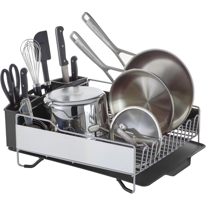 Large Capacity Full Size Rust Resistant Dish Rack with Angled Drain Board and Removable Flatware Caddy, Light Grey