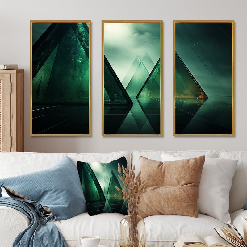 «Green Abstract Echoes Of Pyramid IV», art mural géométrique, Cadre flottant doré, H 28 po x l 36 po x P 1 po