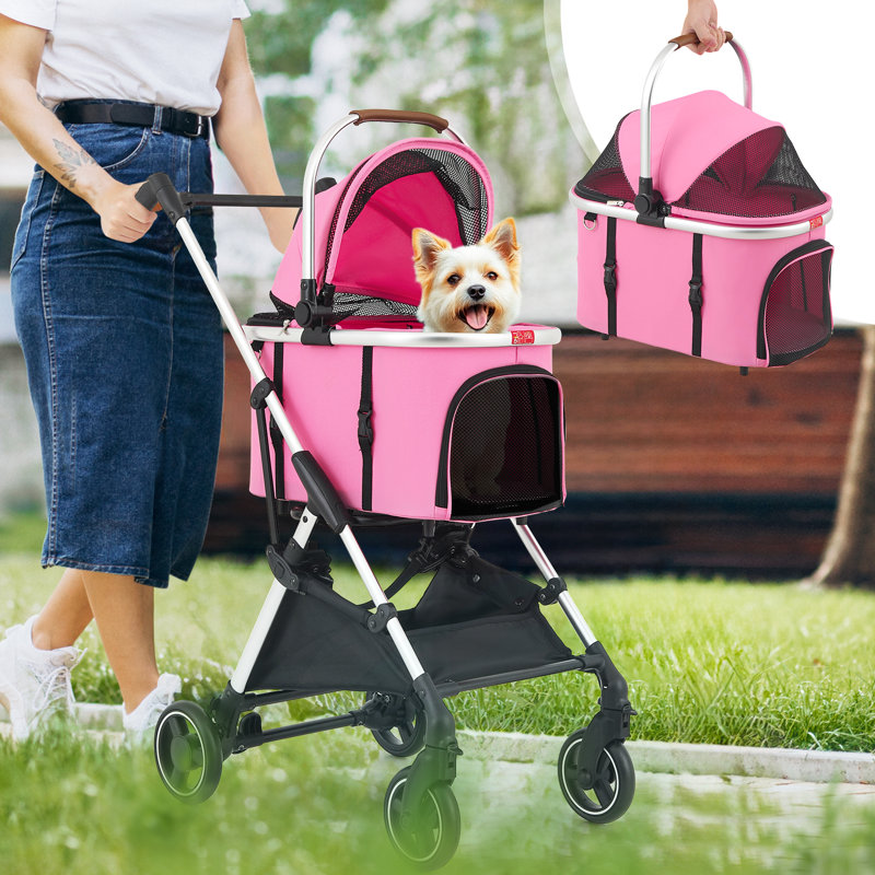 Pink Aluminum 3-in-1 Pet Stroller with Detachable Carrier