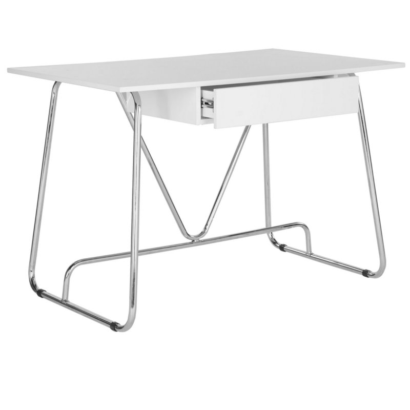 Levander Metal Base White Desk – Contemporary Chrome-Leg Minimalist Furniture for Home, or Office 