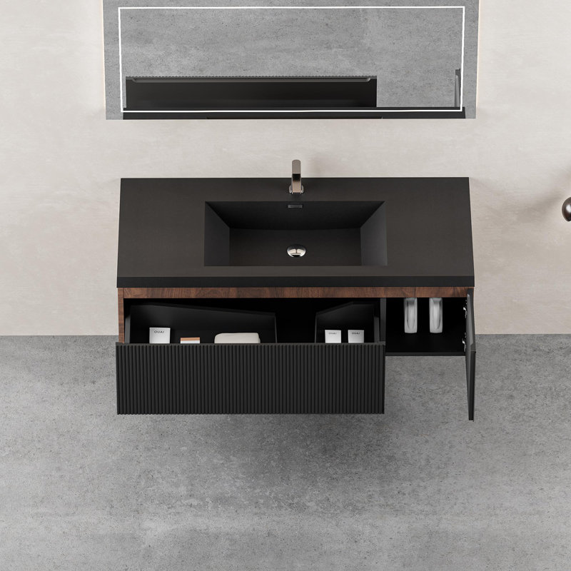 Meuble-lavabo mural moderne avec rangement à fermeture en douceur et cuve en quartz - Finition noyer écologique pour une salle de bain élégante