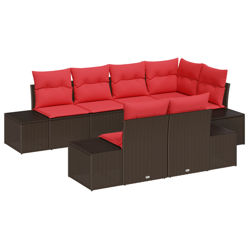 vidaXL Garden Sofa Set with Cushion 7 pcs Brown Poly Rattan, Brown Frame/Red Cushion