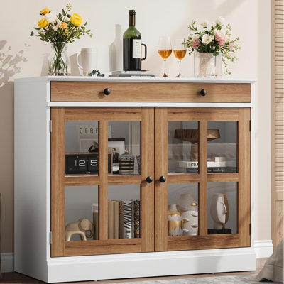 Wood Buffet Cabinet with Glass Door and Drawer, 35.4" Storage Sideboard, Modern Dining Room and Kitchen Furniture