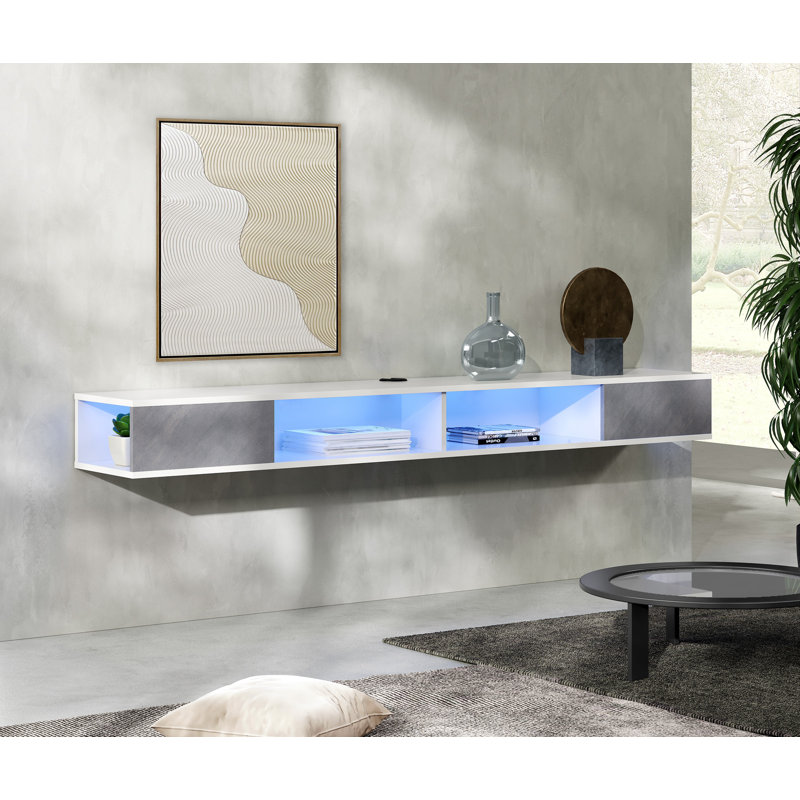 Bralan Unfinished Floating TV Stand for TVs up to 75", White/Gray, 11.8