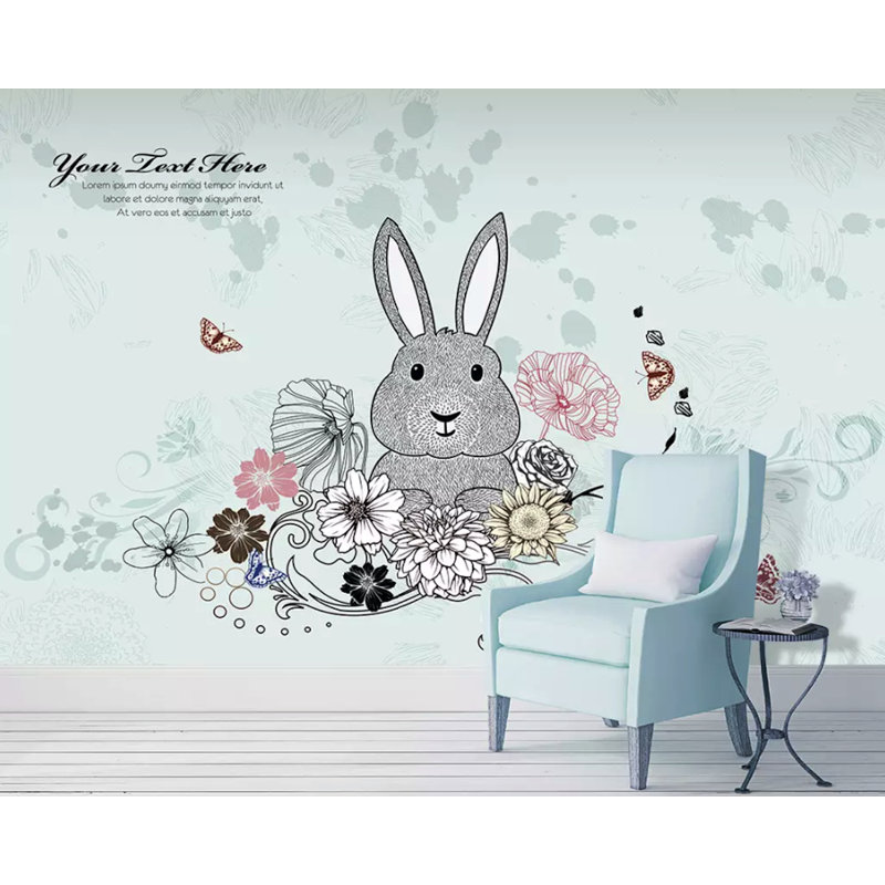 Murale de lapin dessinée floral Hollandale, L 75 po x l 112 po