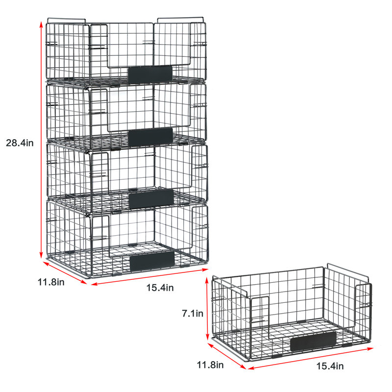 4 Pack XXL Stackable Wire Baskets with Handles for Pantry Storage and Organization, Fruit and Vegetable Basket with Name Plates, Metal Storage Bins for Snack Can Fruit Vegetables