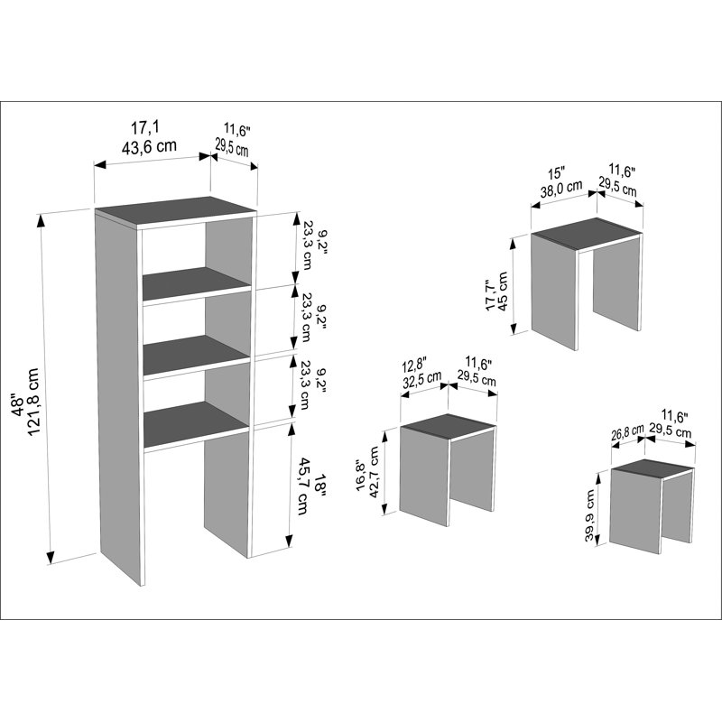 Melo 120 cm Modern Bookcase with 3-Piece Nesting Table Set, Cordoba