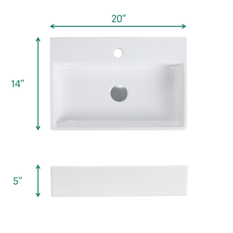Évier intégré en céramique blanc brillant de 20 po x 14 po, surface lisse et non poreuse, conception moderne, bords sécuritaires, teinture, chaleur facile à entretenir