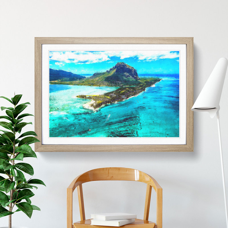View of Mauritius - Picture Frame Graphic Art, 36cm H x 48cm W x 2cm D, Oak