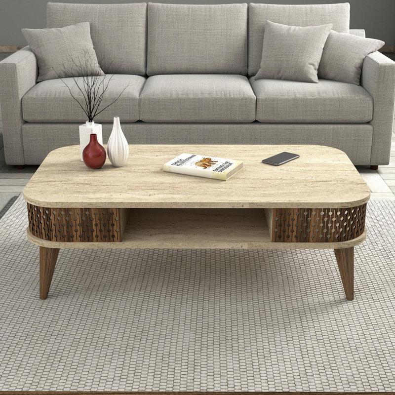 Elegant Coffee Table in Travertine Color, 41.3 x 13.8 x 23.6 inches | 100% Melamine Coated Particle Board, Thickness: 0.7 inches | Modern Marble Design, Perfect for Living Room & Contemporary Décor