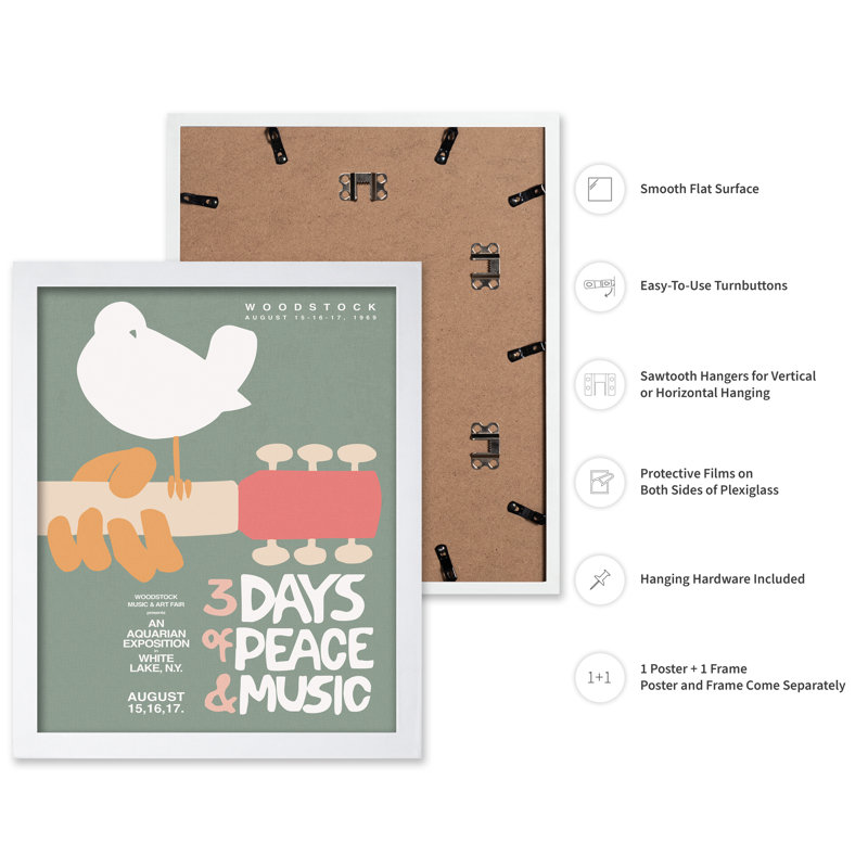Festival de musique de Woodstock, Affiche, H 18 po x l 24 po, Encadrement blanc