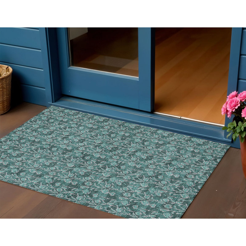Tapis bleu sarcelle à motif floral turquoise et ivoire 3 pi x 5 pi