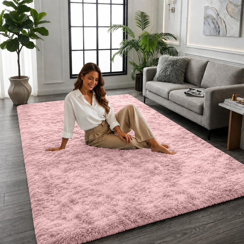 Dreamy Light Pink Shaggy Area Rug - Hypoallergenic Thick Pile Rug for Girl's and BabiesBedroom, Rectangle 200 x 290 cm