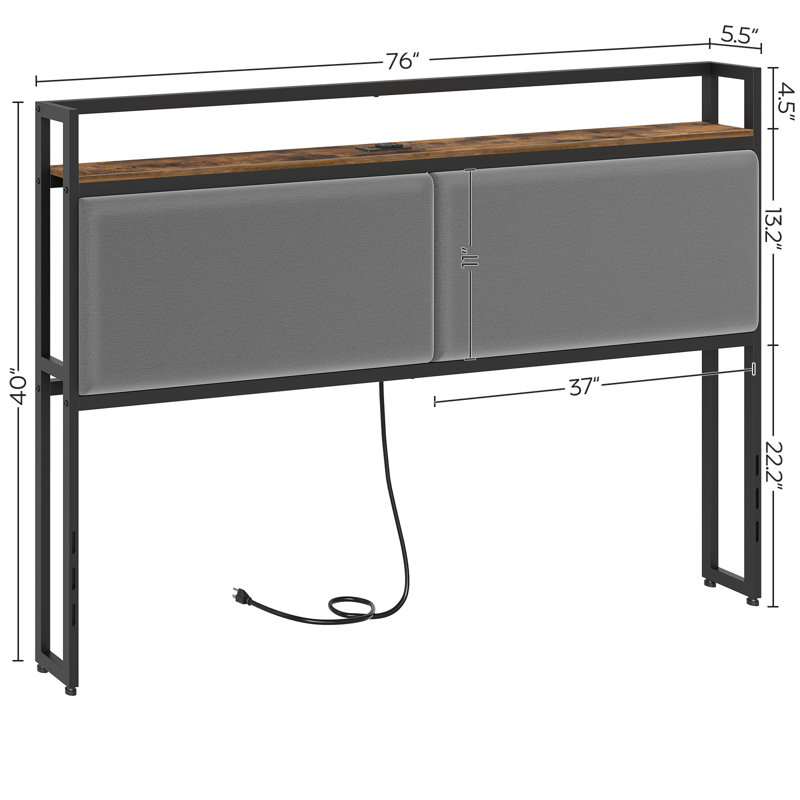 Upholstered Headboard with Charging Station and Open Storage, King