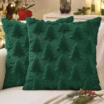 Dark Green Plush Xmas Tree Throw Pillow Covers Set Of 2, 18x18 Inch