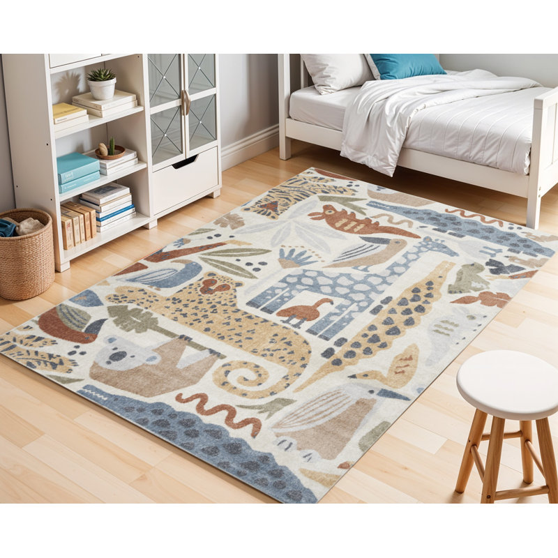 Tapis lavable à imprimé animal ivoire 5 pi x 7 pi bleu et gris