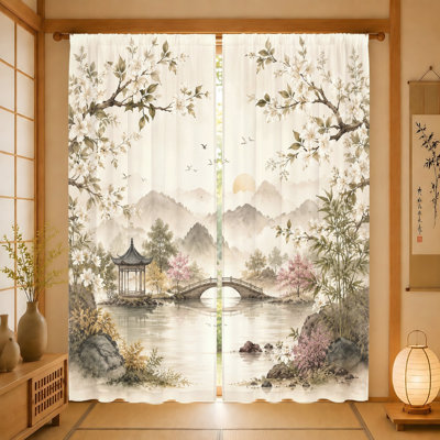 2Pcs rideaux de peinture de paysage, tissu filtrant la lumière, scène sereine avec une pagode, un pont et des arbres en fleurs, rideaux de fenêtre décoratifs pour le salon, la chambre à coucher, le balcon, la cuisine et la maison