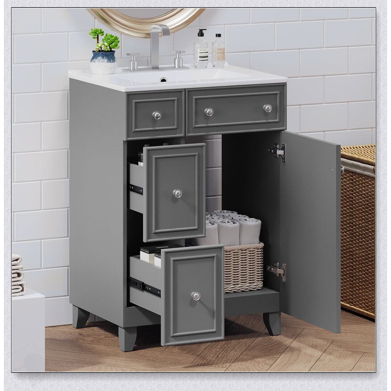 Meuble-lavabo de 24 pouces avec lavabo en céramique, porte à fermeture en douceur et deux tiroirs pour les petits espaces