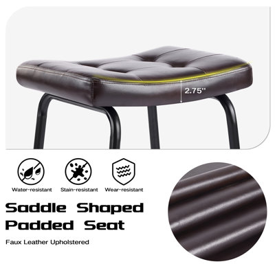 25.5''H Faux Leather Counter Stools Set of 6, Backless Saddle Counter Height Bar Stools with Metal Frame & Footrest, Black Brown