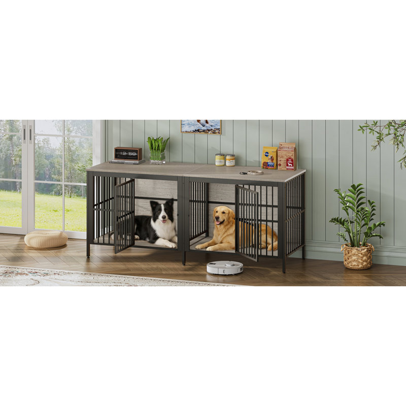 Table de bout de 80 po avec cage pour chien grise, chenil d'intérieur 2 portes robuste, meuble pour chien polyvalent comme meuble télé