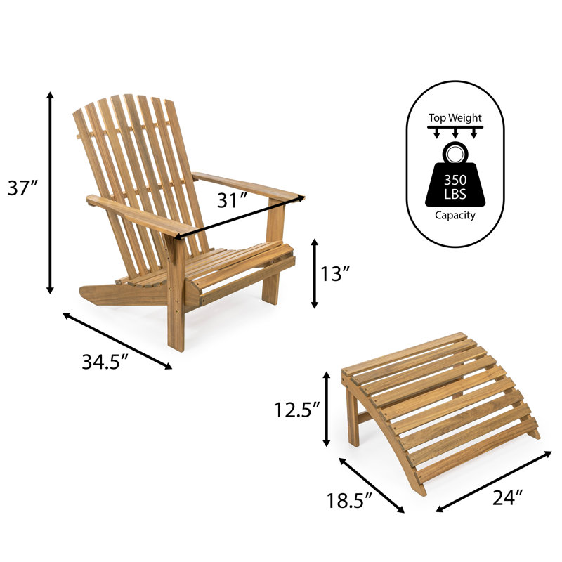 Abilynn Classic Solid Acacia Wood Adirondack Chair with Matching Ottoman, Outdoor Patio Lounge Seating for Garden and Fire Pit