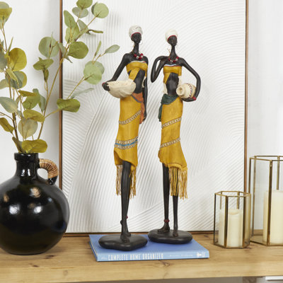 Yellow Polyresin Woman Handmade African Decorative Sculpture with Water Jugs and Jeweled Details, Set of 2
