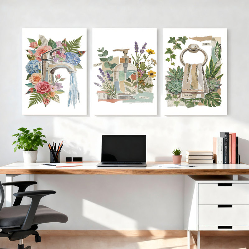 Ensemble de 3 tableaux muraux sur toile à motifs floraux et botaniques pour salle de bain, H 36 po x l 72 po
