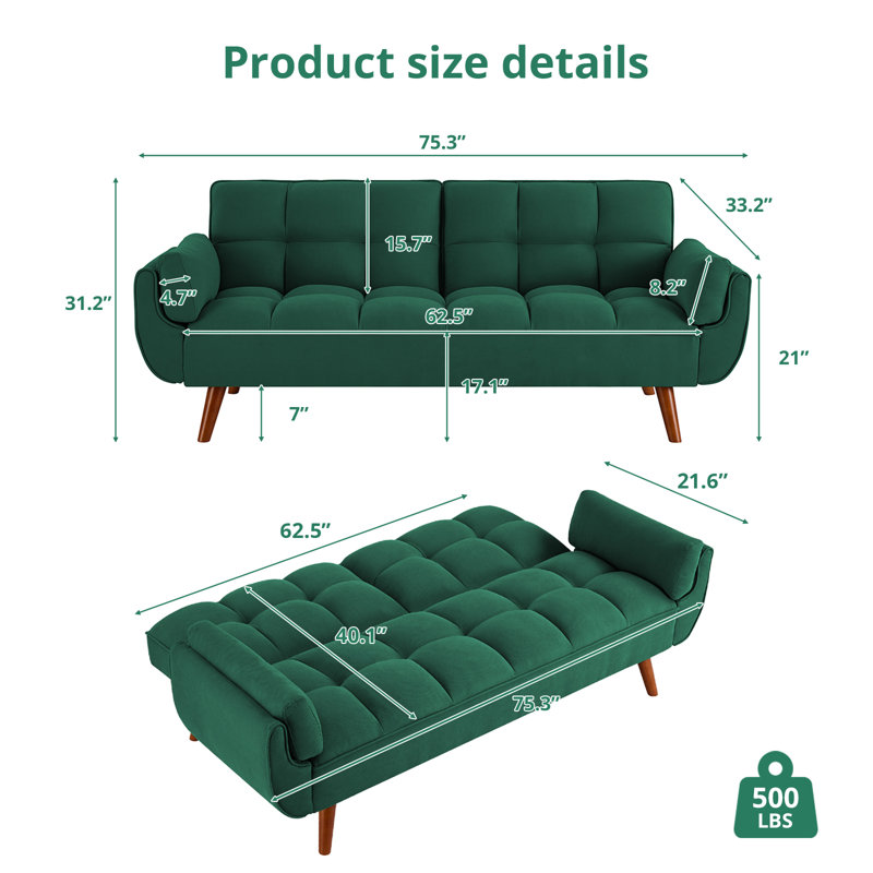Tarantino Twin 75.3'' Upholstered Split Back Convertible Sofa, Green Linen
