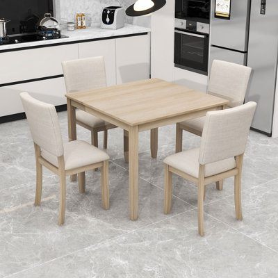Modern Wooden Dining Set: Space-Saving Square Table with 4 Upholstered Chairs