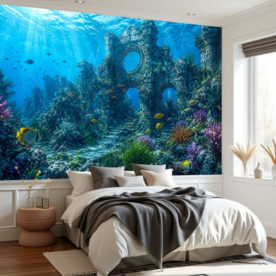 Papier peint adhésif autocollant amovible à motif de poissons sous-marins 3D, papier adhésif, pour salle de séjour H 69 po x l 96 po