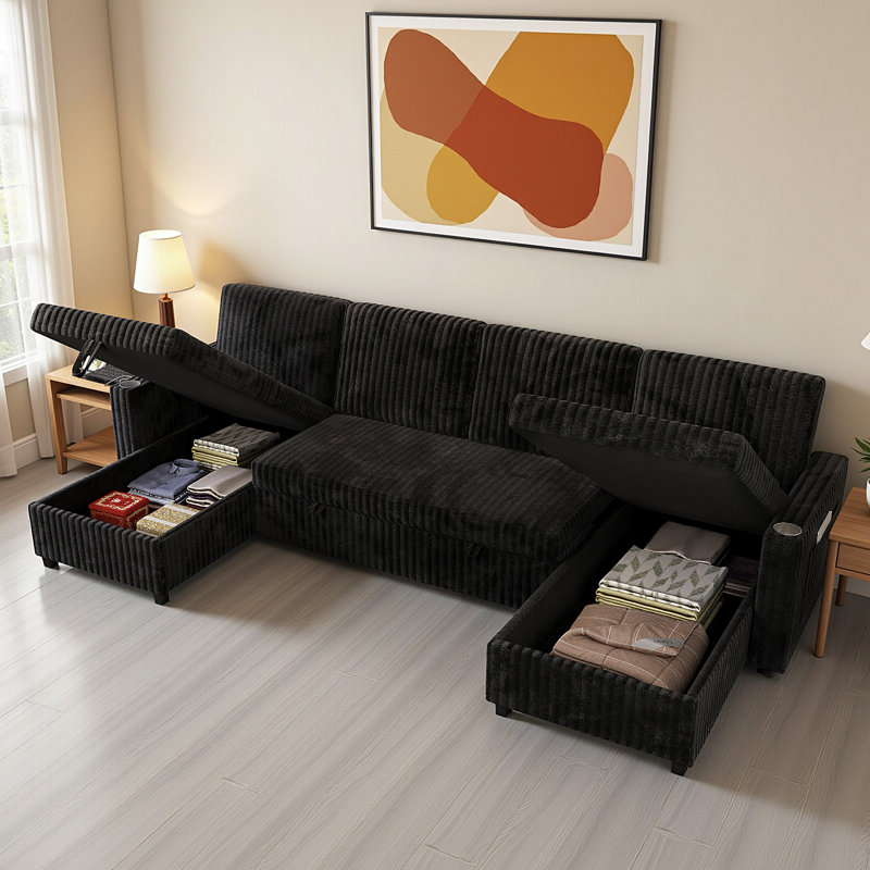 110.63" Convertible Sleeper Sectional Sofa with Pull-Out Bed & Dual Storage Chaise, U-Shaped Couch for Living Room Apartment