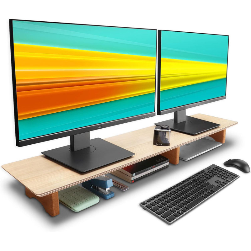 Large Dual Monitor Stand Riser, Solid Wood Desk Shelf With Eco Cork Legs For Laptop Computer/TV/PC/Printers, Perfect Desktop Stands Organizer With Underneath Storage For Office Accessories
