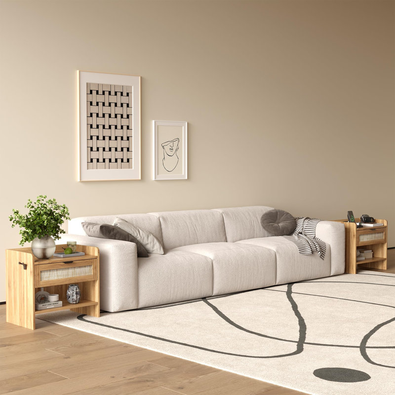 Rattan Nightstand Set of 2, Bedside Table with Type-C Charging Station - 1 Drawer & Open Space,Boho End Table Side Table