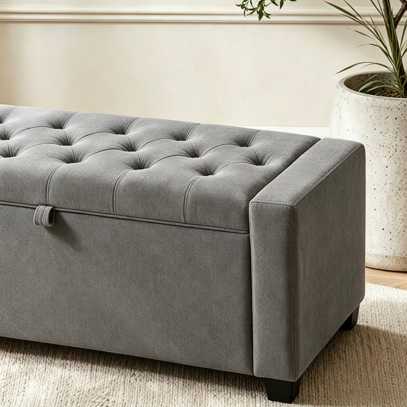 Banc de rangement, banc de bout de lit, banc ottoman rembourré avec charnière de sécurité, Gris foncé, Gris foncé