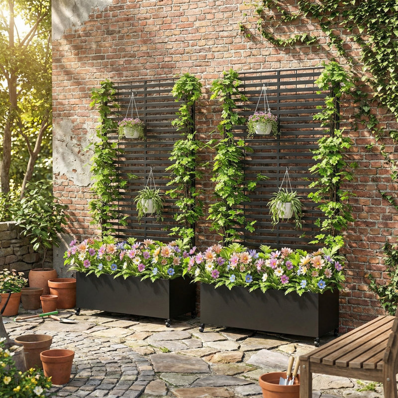 Iversen Metal Planter Box With Trellis With Wheels, 73'' H X 35'' W X 15'' D