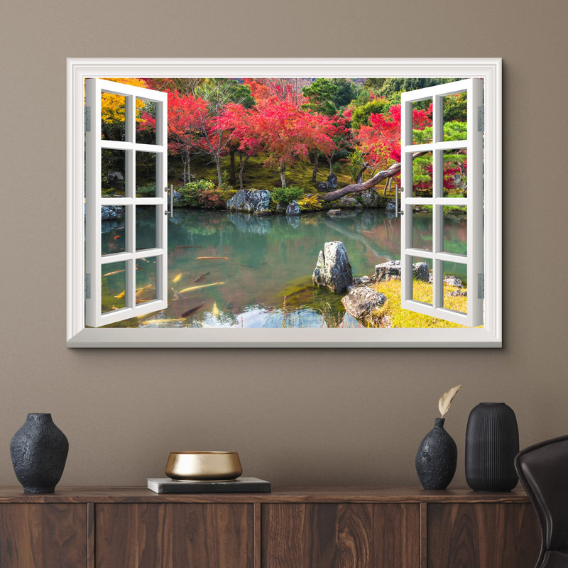 «Window View Of Autumn Forest Lake Nature Images Rustic Scenic Relax Calm Ultra» sur toile, H 32 po x l 48 po