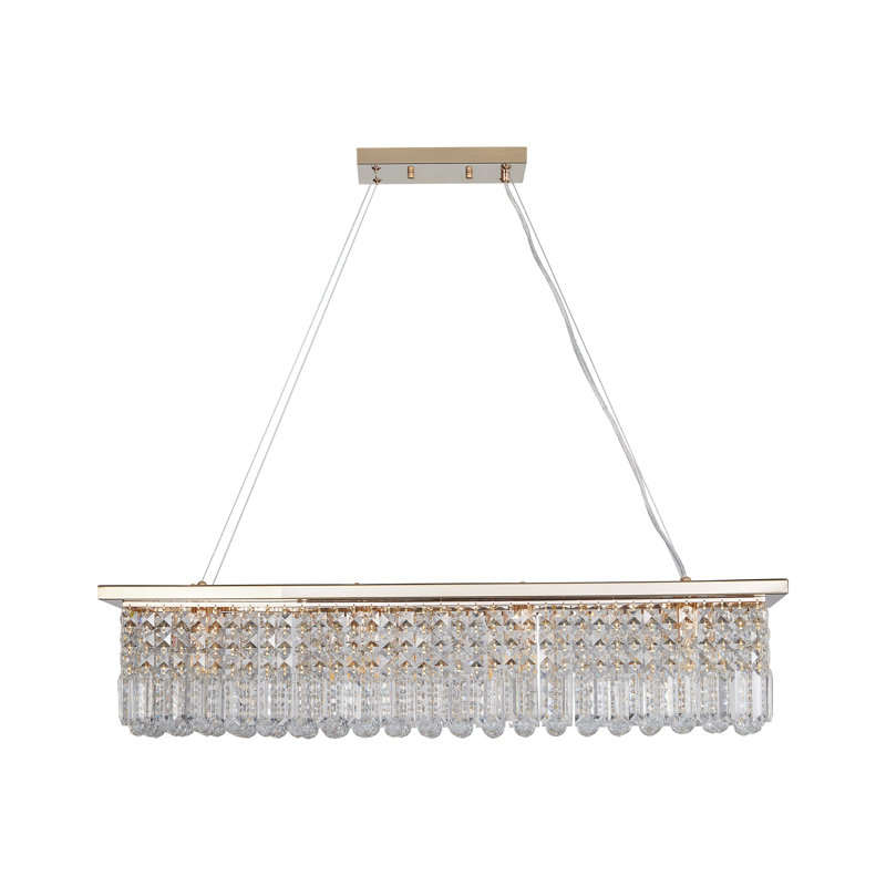 Lustre rectangulaire moderne en cristal doré pour salle à manger - Luminaire suspendu 8 lumières Raindrop