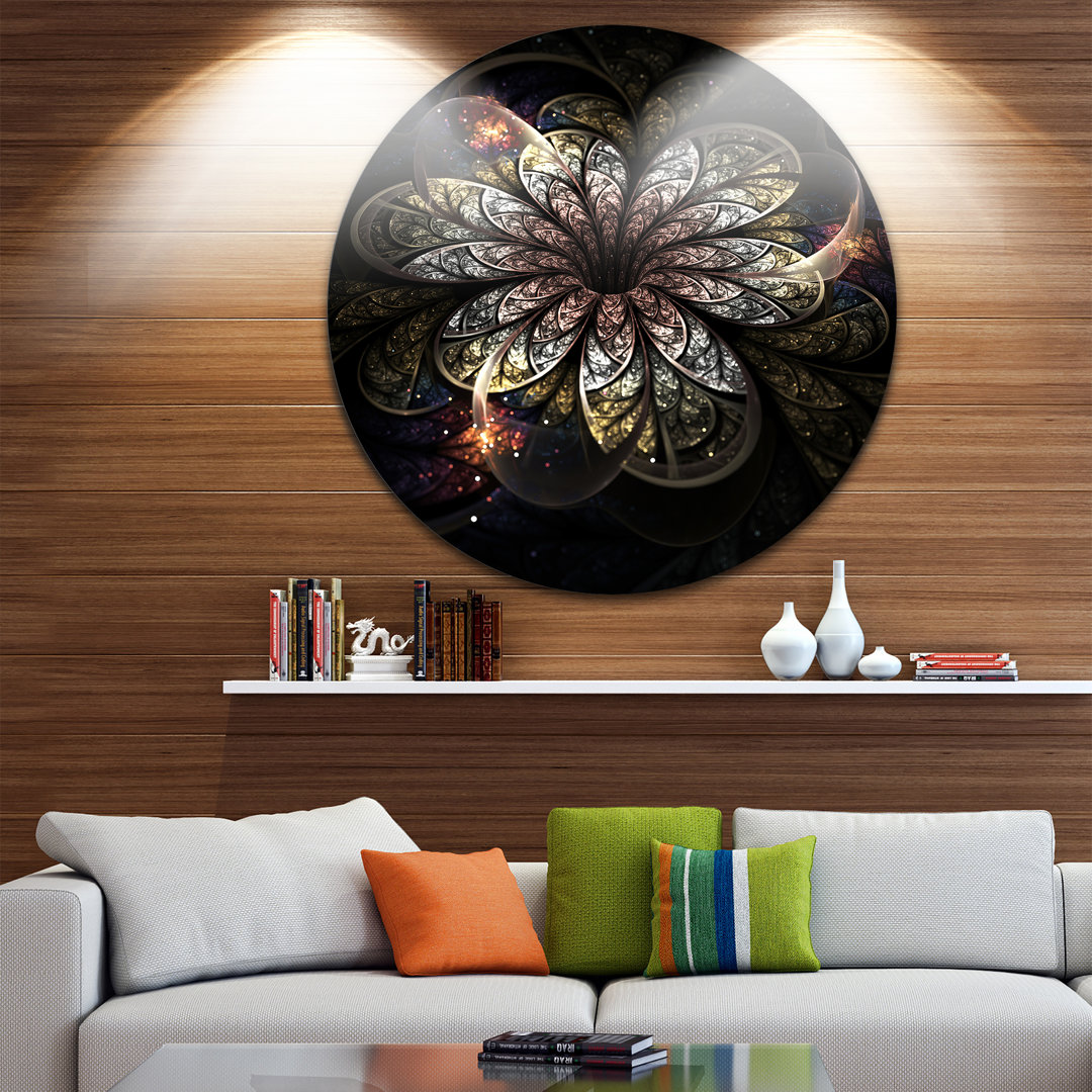 'Rounded Glowing Golden Fractal Flower' Graphic Art Print on Metal Design Art 