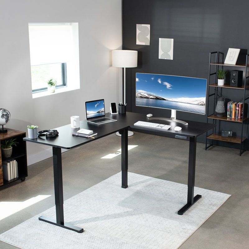 Bureau debout d'angle électrique VIVO, Noir / Noir, 55 po x 63 po