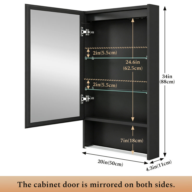 Armoire à pharmacie éclairée 20 "x 34" avec éclairage à 3 températures de couleur antibuée, 2 prises, 2 ports USB et tablette réglable
